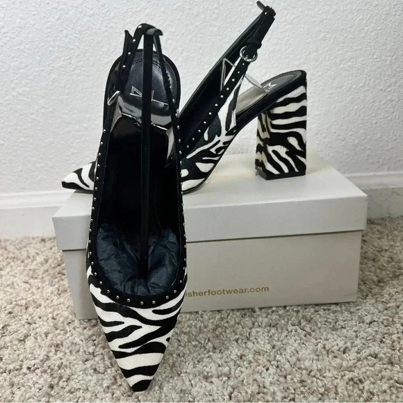 Marc Fisher Women’s Joily Black White Animal Print Slingback Block Heels… - Picture 10 of 13